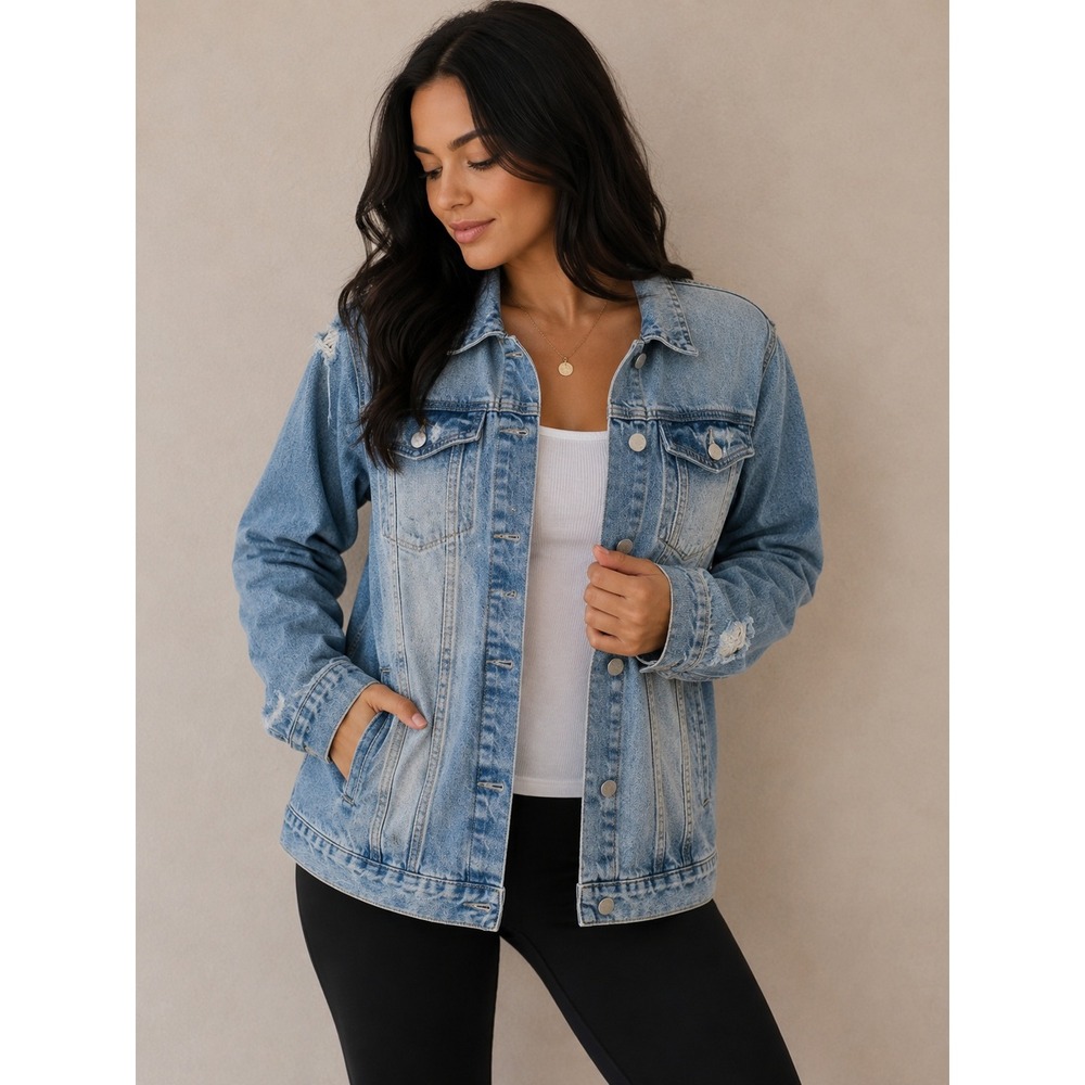 Ashley Vintage Charm Distressed Denim Trucker Jacket Light Wash XL